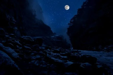 Mountain Road through the forest on a full moon night. Scenic night landscape 스톡 사진