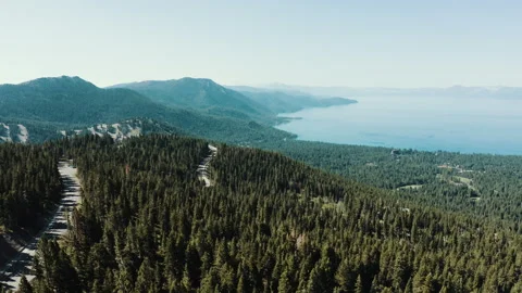 Mountain road through pine forest above Lake Tahoe aerial Stock-Footage 348047331