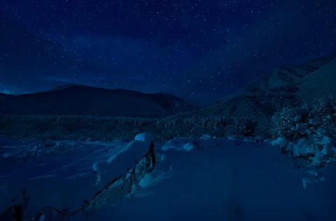 Mountain Road through the snowy forest on a full moon night. Scenic night win Photos