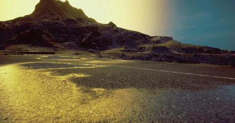 Mountain road winding through a dramatic landscape at sunset Stock Illustration