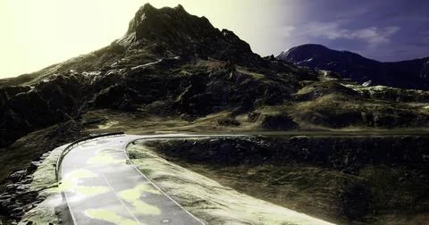 Mountain road winding through rugged terrain under a bright sky Stock Illustration