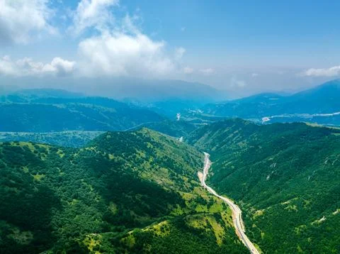 Mountain road winds through vibrant green forests under clear sky Stock Photos