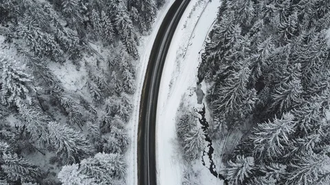 Mountain road in the winter forest, top view, car rides, 4k. Video stock 121518459