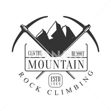 Mountain rock climbing centre resort logo. Mountain hiking, exploration labels Stock Illustration