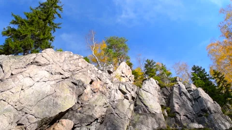Mountain rocks, trees landscape on blue sky. Calm natural scene. 库存影片 253216844