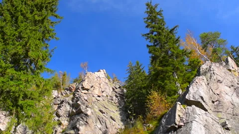 Mountain rocks, trees landscape on blue sky. Calm natural scene. Stock Footage 253216916