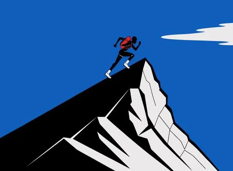 Mountain runner silhouette sprinting towards peak under deep blue sky. Stock Illustration