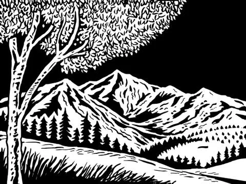 Mountain scene with tree in foreground Illustrazione stock