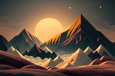 The mountain scenery at sunset in low poly art style with mountains and moon Stock Photos