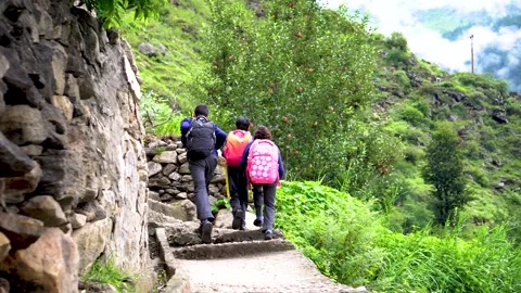 Mountain School Students Walking in Himachal Village Stock Footage 316892355