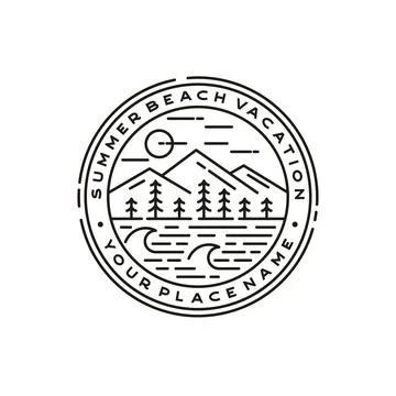 Mountain, Sea, Waves, pine tree and Sun for Hipster Adventure Travel logo des Illustrazione stock