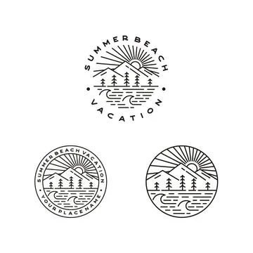 Mountain, Sea, Waves, pine tree and Sun for Hipster Adventure Travel logo des Stock Illustration