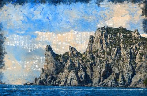 Mountain with sharp peaks against the blue sky. Karaul-Oba Mountain, Crimean  Stock Illustration