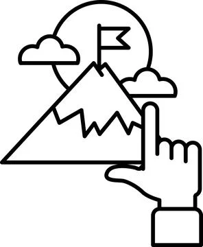 A mountain is shown with a flag on top and a hand pointing to it Stock Illustration