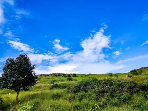 Mountain side view with bright blue sky from flat angle in day 스톡 사진