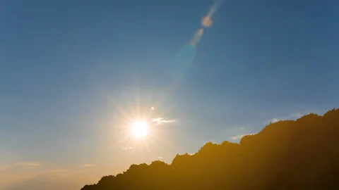 Mountain silhouette in dense mist at the dramatic sunset Stock Footage 169633183