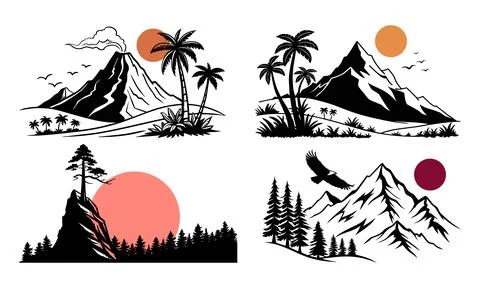 Mountain silhouettes with trees and sunsets palm tree Stock Illustration