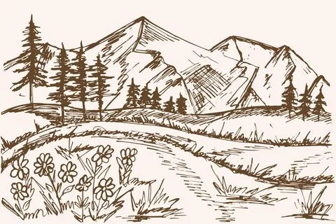Mountain sketch. Vector mountains and forest. Trees against the background Illustrazione stock