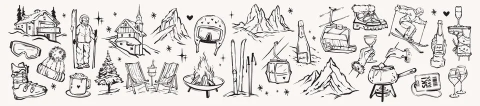 Mountain ski doodle set, hand drawn Alps vacation whimsical illustration Illustrazione stock