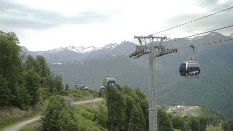 Mountain ski resort and Cable car with cabins Stock Footage 96233211