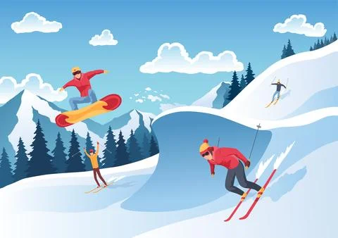 Mountain ski resort landscape. Winter web banner design. Sport on vacations or Stock Illustration