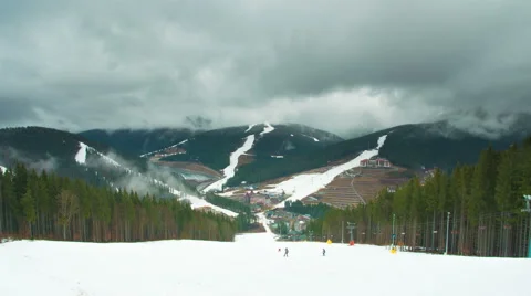 The mountain ski resort time lapse - foggy cyclone weather 스톡 동영상 48673037