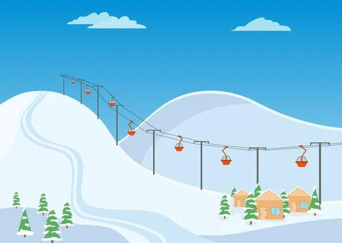 Mountain ski trail, ski resort with snow and wooden houses. 스톡 일러스트