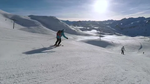 Mountain Skiing On Snow with sound Stock Footage 238389595