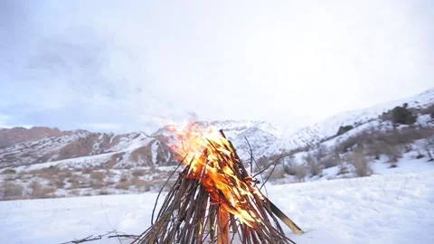 Mountain snow close-up bonfire ( close-up) Video stock 145654521