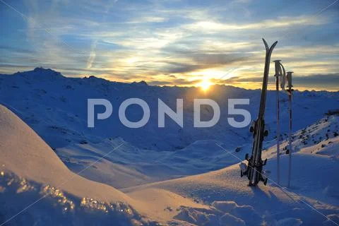 Mountain snow ski sunset Stock Photos