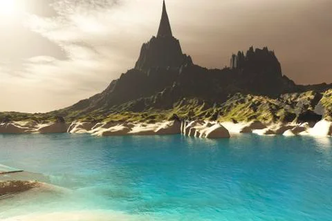 A mountain spire overlooking the turquoise waters of a sea inlet. Stock Illustration