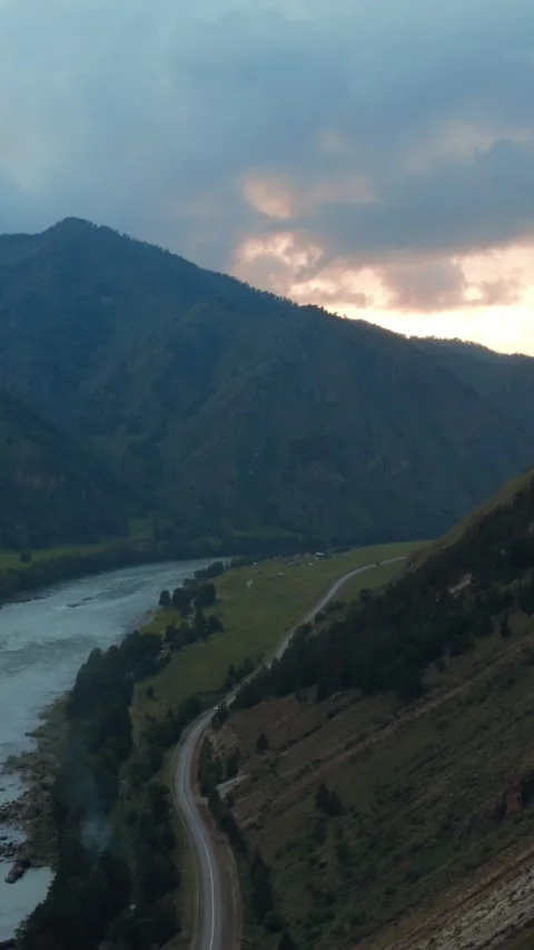 Mountain Spirits Gorge aerial view with river valley and winding road, Altai Stock Footage 335662280