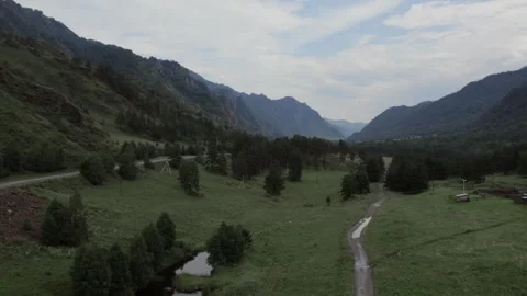 Mountain Spirits Gorge valley landscape with road in Altai Mountains aerial view Stock Footage 336296268