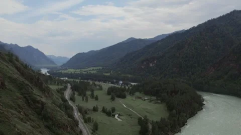Mountain Spirits Gorge valley landscape with river and road, Altai Republic Stock Footage 336296391
