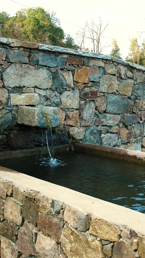 A mountain spring. Drinking water for animals. A stone waterfall. A trough Vidéo 314980159