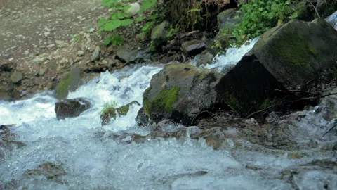 Mountain spring streams in slow motion flow along rocky slopes of the mountains Stock Footage 228491442