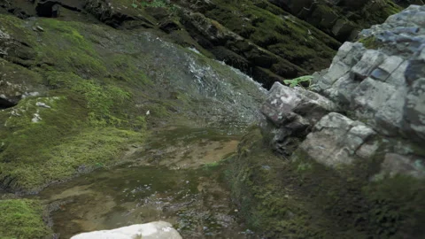 Mountain spring streams of water flowing down the mountain depressions. Slow Stock Footage 225269660