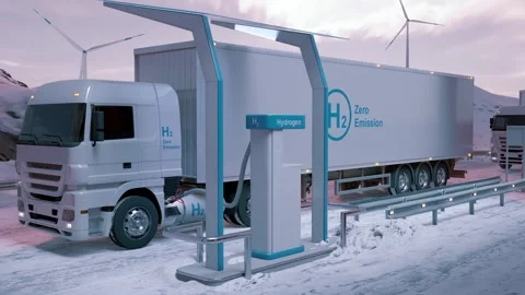 At the mountain station.  Refueling trucks with hydrogen. Time lapse. 3D render Stock Footage 291990490