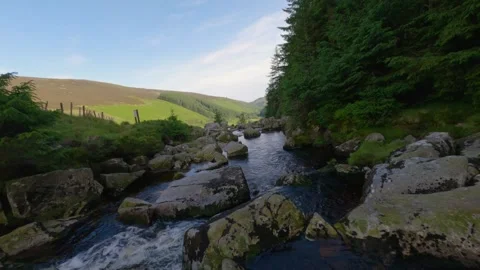 Mountain Stream and Boulder Rapids Beside Forest at Glenmacnass Wicklow FPV Vidéo 344912414