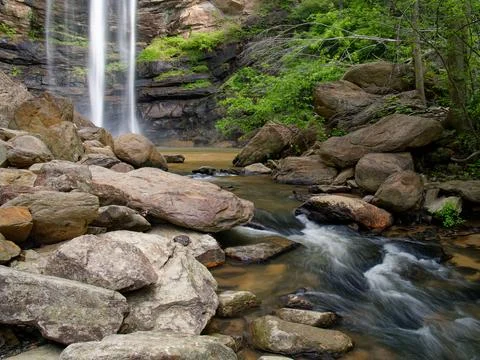Mountain stream and lower section of waterfall Stock-Fotos
