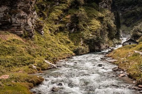 Mountain Stream and Rustic Stone Cabin along the Aua da Fedoz near Sils Maria Stock Photos