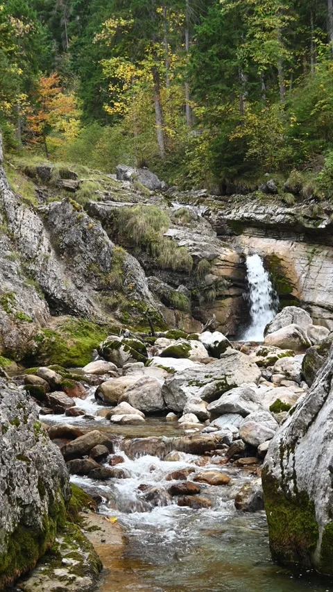 A mountain stream between rocks and a waterfall in the background in autumn Video stock 260871833