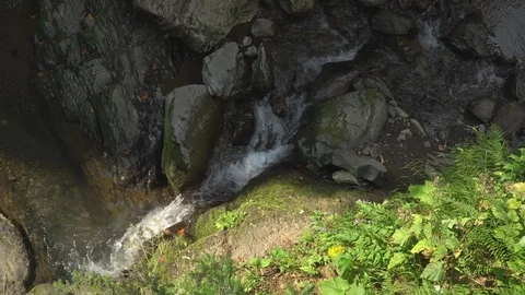 Mountain stream cascade falls between rocks with moss Stock Footage 116872630