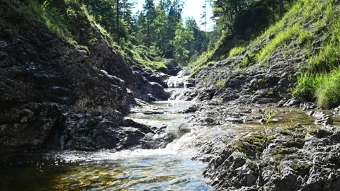 A mountain stream cascades over rocks into a pool in sunlight Stock Footage 219648839