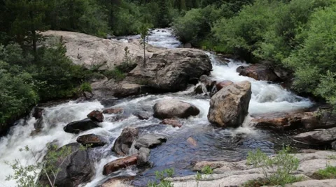 Mountain Stream Cascading and Flowing Around a Large Boulder Stock Footage 40843672