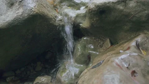 Mountain stream with clear water flowing through stones in autumn nature d Video stock 143934519