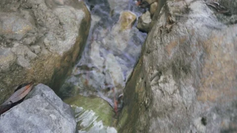 Mountain stream with clear water flowing through stones in autumn nature f Stock Footage 143934921