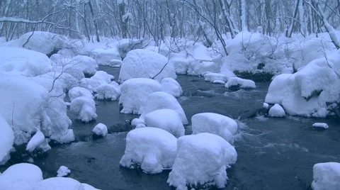 Mountain stream covered in snow, Aomori Prefecture, Japan Stock Footage 49065722