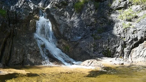 A mountain stream disappears behind a huge rock in a forest Stock-Footage 219646845