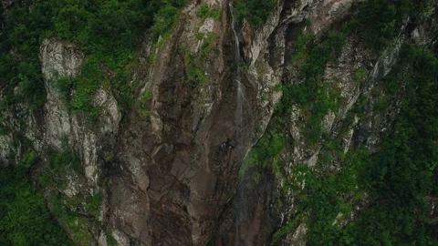 Mountain stream falls in a thin stream, top view, drone Vidéo 204879286